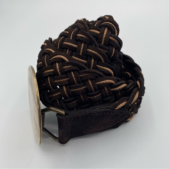 GAP Braided Brown & Tan Leather Woven Statement Belt with Shield Buckle Sz S - Picture 3 of 10